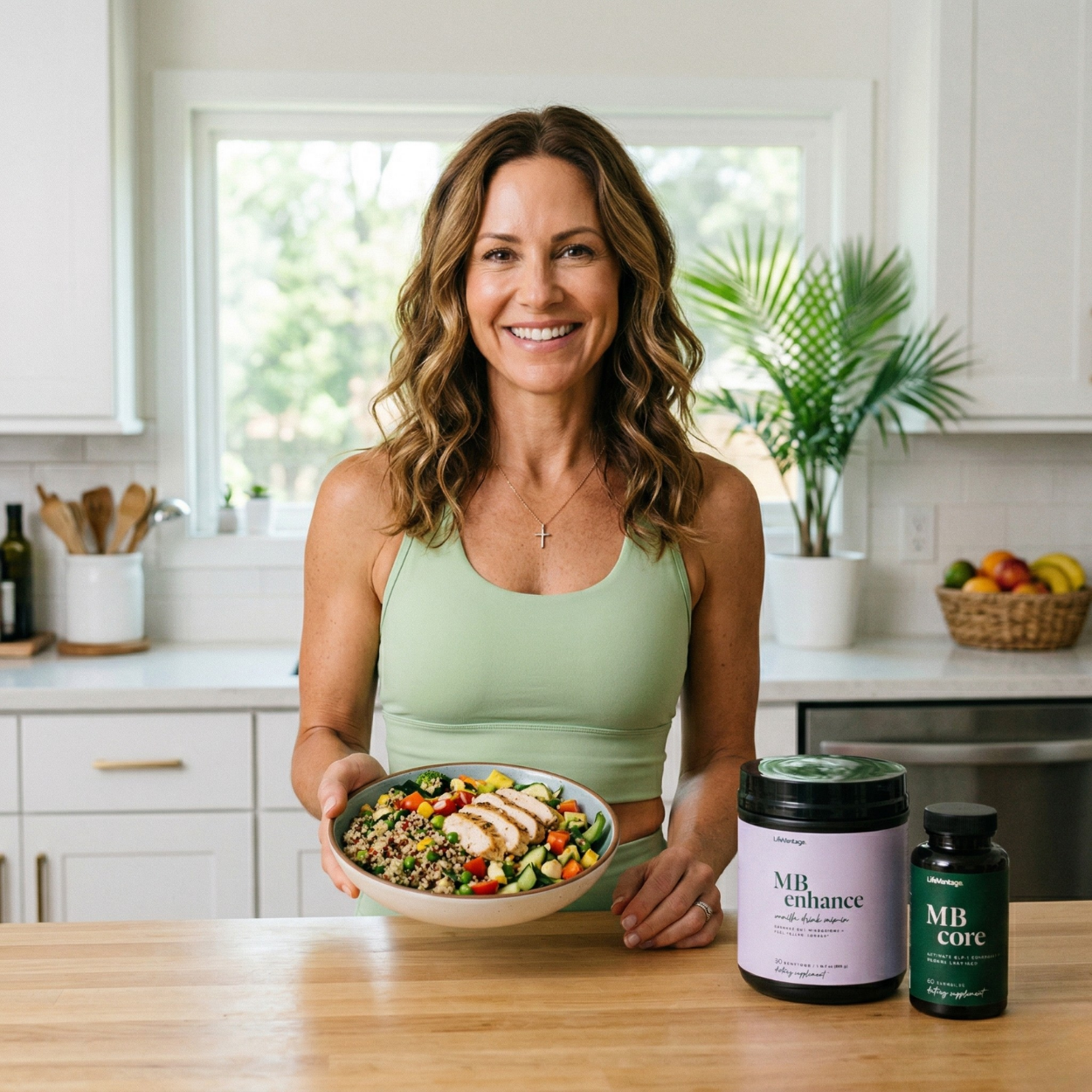 Happy woman in her 40s enjoying healthy meal with LifeVantage MindBody GLP-1 System - natural appetite control