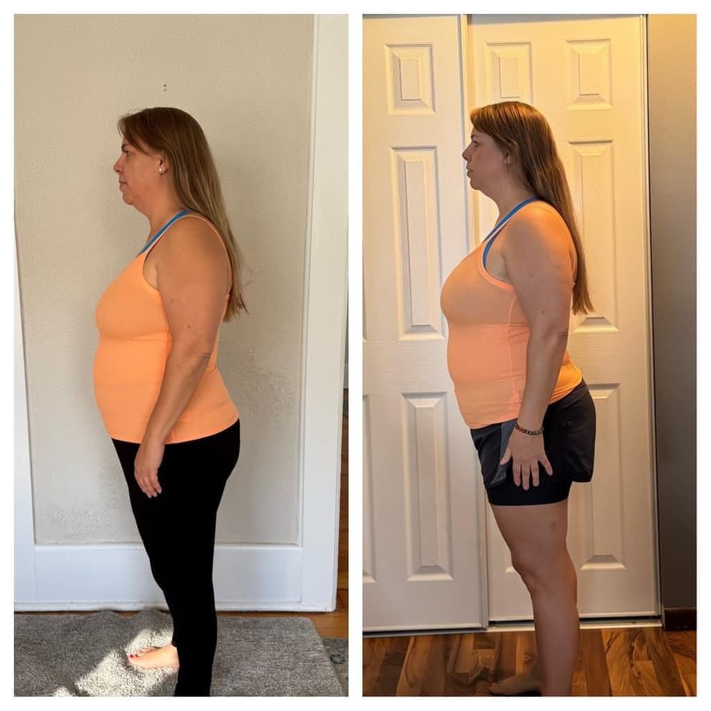 Sarah T. weight loss transformation results with LifeVantage MindBody GLP-1 - before and after 5 weeks